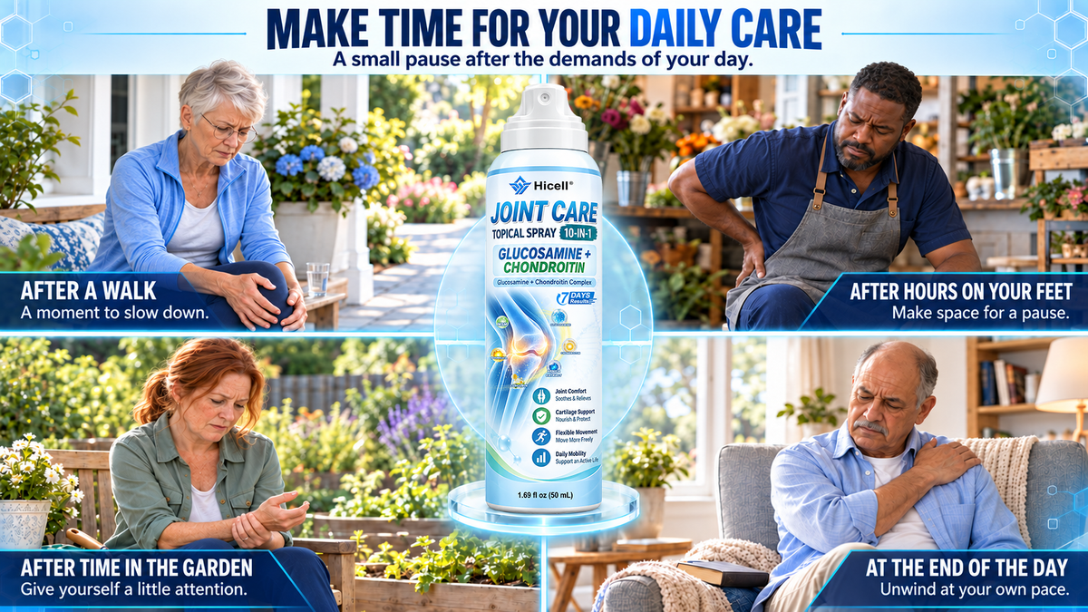 Hicell joint care spray beside a quiet personal-care break after a busy day