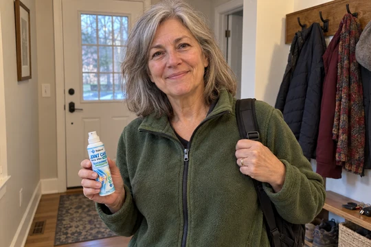 Woman holding Hicell joint spray in an entryway