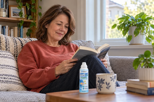 Hicell joint spray beside a woman reading at home