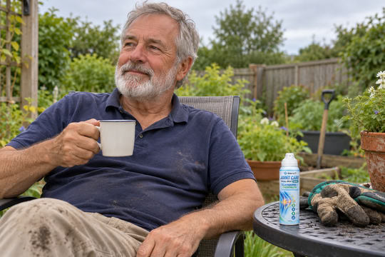Hicell joint spray on a garden table beside a seated man
