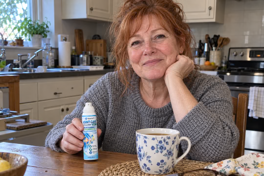 Hicell joint spray beside a mug at the kitchen table