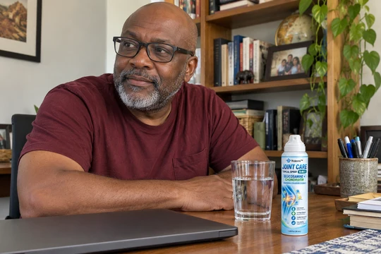Hicell joint spray beside a laptop on a desk